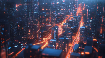 Fototapeta premium Smart digital Innovation city with connection network reciprocity over the twilight cityscape. of future smart wireless digital city and social media networking systems that connects people with city 