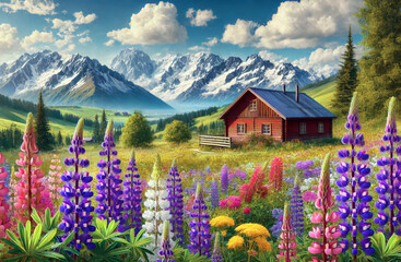 Sur un premier plan de lupins colorés, vue sur des prairies alpestres et un petit chalet.