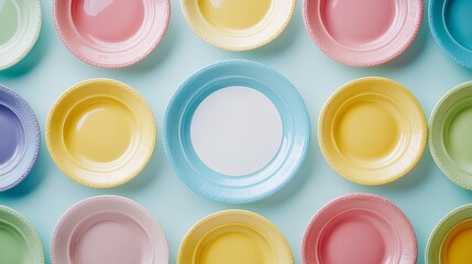 Vibrant Display of Colorful Plates Arranged Artfully on a Bright Blue Background Showcasing a Playful and Cheerful Atmosphere Perfect for Culinary Events and Decorative Purposes