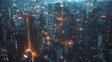 Obraz premium Smart digital Innovation city with connection network reciprocity over the twilight cityscape. of future smart wireless digital city and social media networking systems that connects people with city 