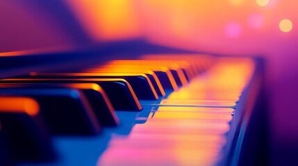 Close-up view of piano keys illuminated by colorful light, creating a vibrant musical atmosphere