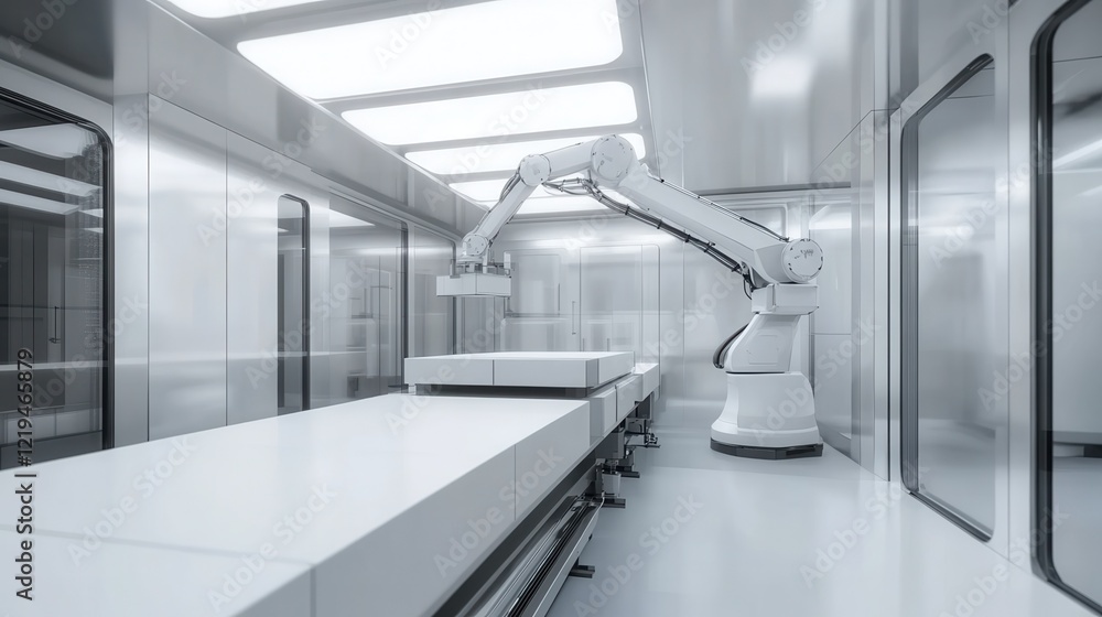 Poster Automated packaging machine with robotic arms for efficient box handling and sorting in a modern industrial setting.