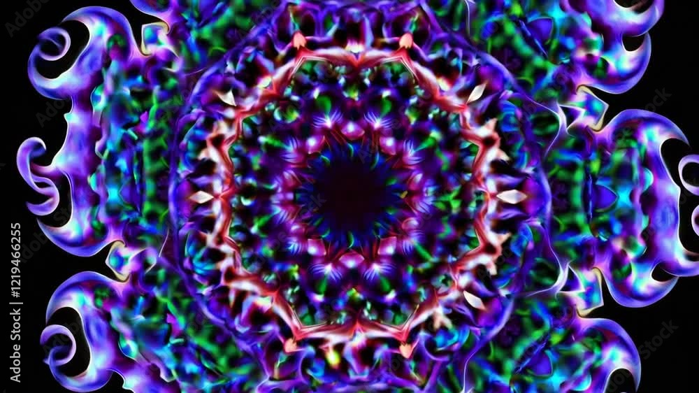 Poster Colorful kaleidoscope pattern with symmetrical neon shapes, abstract design. Creative visual and psychedelic art concept