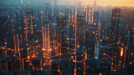 Fototapeta premium Smart digital Innovation city with connection network reciprocity over the twilight cityscape. of future smart wireless digital city and social media networking systems that connects people with city 