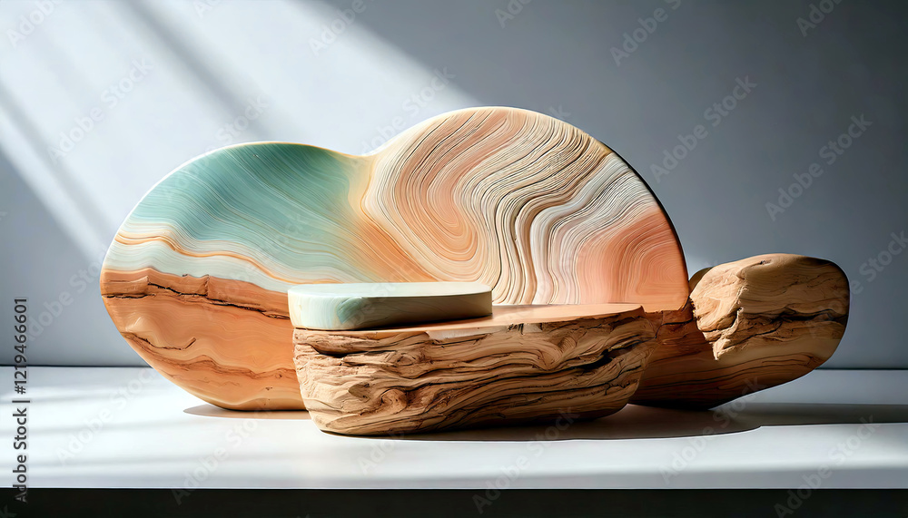 Poster artful display of wood craft tableware with pastel glaze surrounded by soft shadows