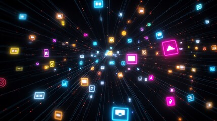 Media outreach strategies represented glowing radial lines connecting vibrant media icons symbolizing the spread of content across digital platforms in a dark futuristic interface