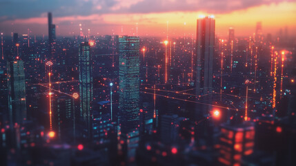 Fototapeta premium Smart digital Innovation city with connection network reciprocity over the twilight cityscape. of future smart wireless digital city and social media networking systems that connects people with city 