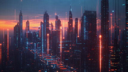 Fototapeta premium Smart digital Innovation city with connection network reciprocity over the twilight cityscape. of future smart wireless digital city and social media networking systems that connects people with city 