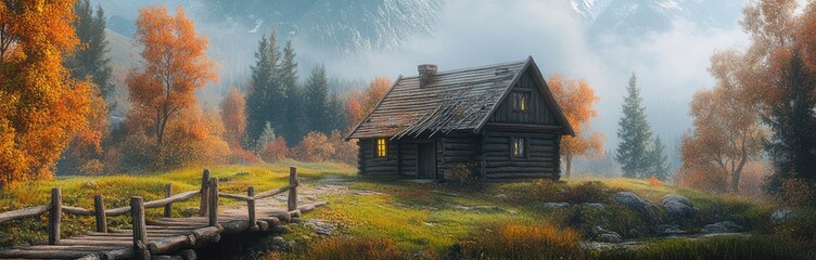 Obraz premium Autumnal Cabin Nestled Beside Misty Mountain Bridge