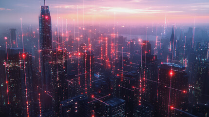 Fototapeta premium Smart digital Innovation city with connection network reciprocity over the twilight cityscape. of future smart wireless digital city and social media networking systems that connects people with city 