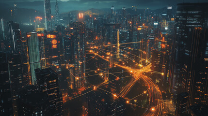 Fototapeta premium Smart digital Innovation city with connection network reciprocity over the twilight cityscape. of future smart wireless digital city and social media networking systems that connects people with city 