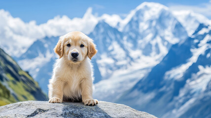Adorable puppy sitting on a rock with snowy mountains in the background