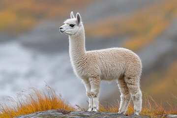 Fototapeta premium Young White Alpaca Standing on a Rocky Outcrop