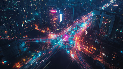 Naklejka premium Smart digital Innovation city with connection network reciprocity over the twilight cityscape. of future smart wireless digital city and social media networking systems that connects people with city 