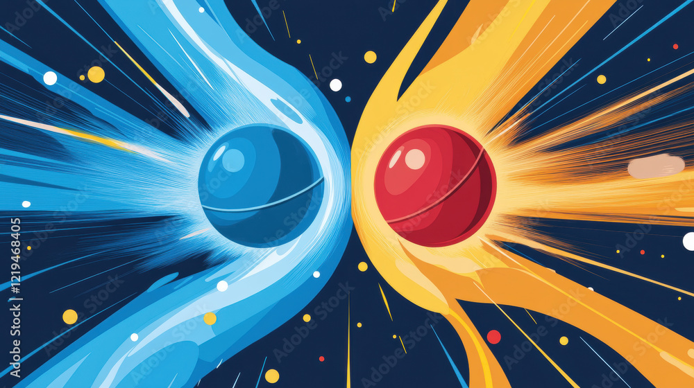 Poster a vibrant illustration depicting a dynamic collision between a blue sphere with trailing cool tones 