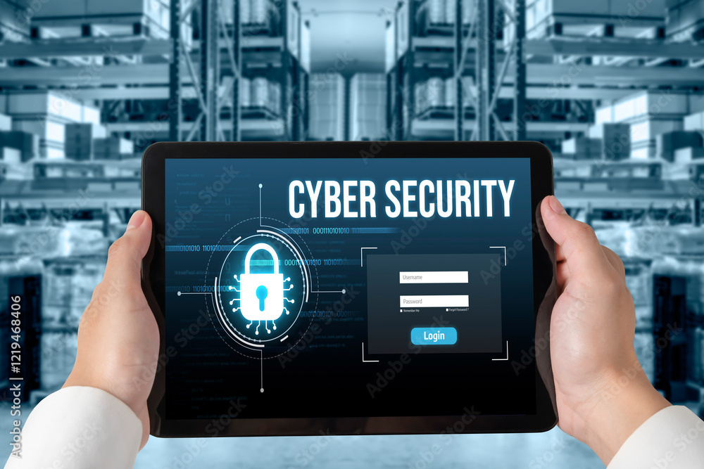 Poster cyber security system on computer screen protect private information snugly from hacker and cyber at