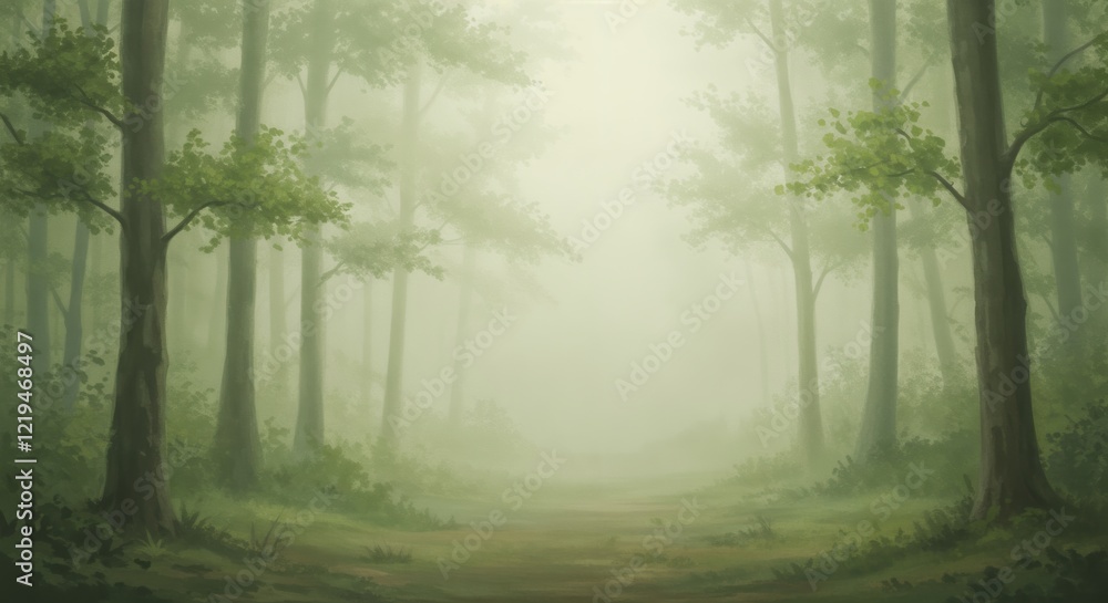 Poster serene misty forest path with lush greenery and tranquil atmosphere
