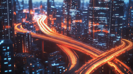 Naklejka premium Smart digital Innovation city with connection network reciprocity over the twilight cityscape. of future smart wireless digital city and social media networking systems that connects people with city 