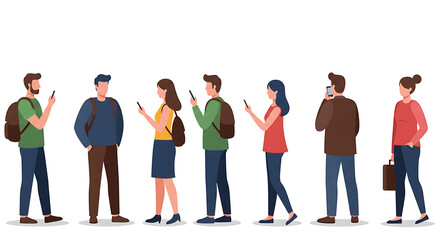 Obraz premium Back view of people standing in line. Vector in flat style, isolated characters patiently waiting in line. Men and women in crowd in row, queue of personages talking and chatting on phones 