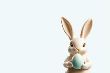Obraz premium Cute rabbit holding pastel egg against soft background, evoking