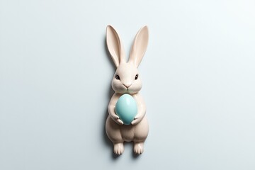 Obraz premium Charming rabbit holds an elegant blue egg against soft pastel ba