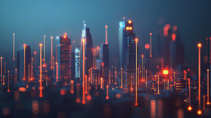 Obraz premium Smart digital Innovation city with connection network reciprocity over the twilight cityscape. of future smart wireless digital city and social media networking systems that connects people with city 