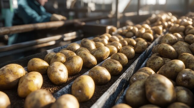 Close up of a worker watching potato sorting on the production line in the factory
