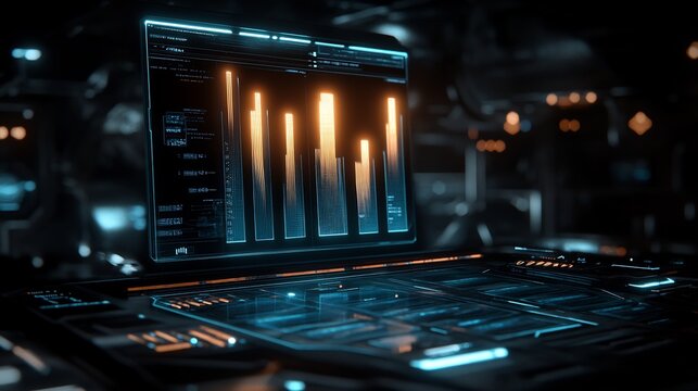 Performance metrics visualized glowing holographic bars ascending on a dark futuristic interface providing an interactive view of business performance in real time