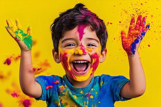 Cheerful boy in blue shirt with a face covered in bright Holi colors celebrating the festival against yellow background. - Powered by Adobe