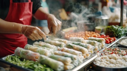 Obraz premium Fresh Spring Rolls at a Vibrant Food Market
