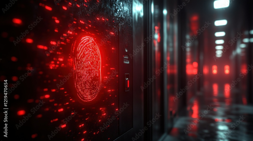 Poster red fingerprint scan, server room access