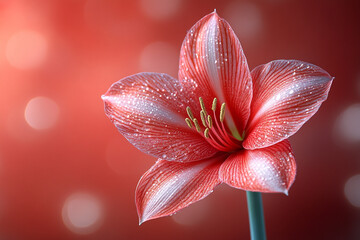 Fototapeta premium Amaryllis flower with dew drops a vibrant red bloom