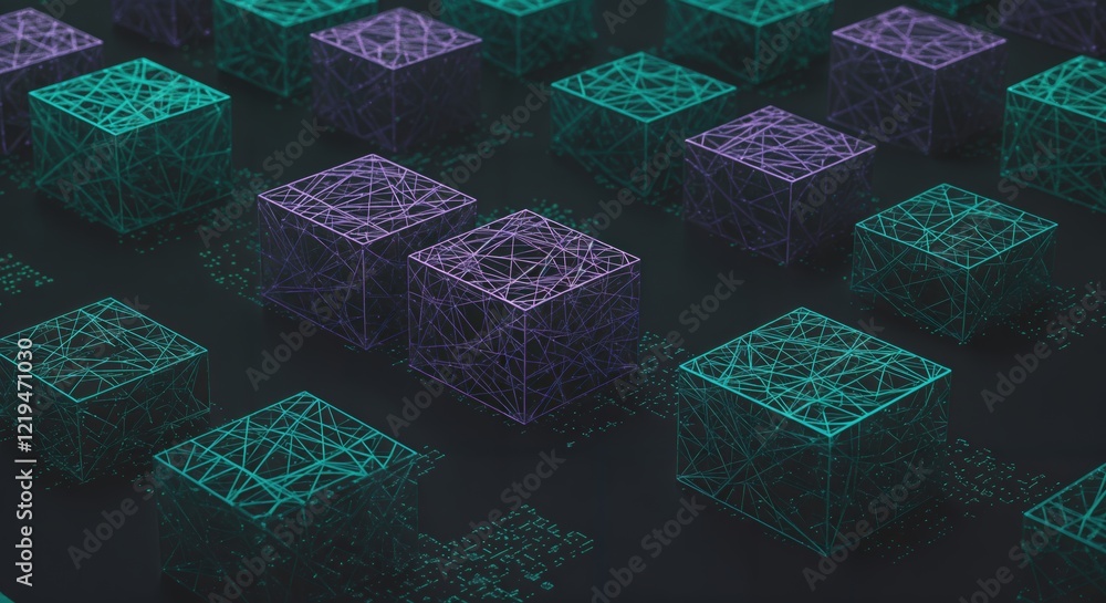 Poster digital abstract network: futuristic technological cube pattern in teal and purple
