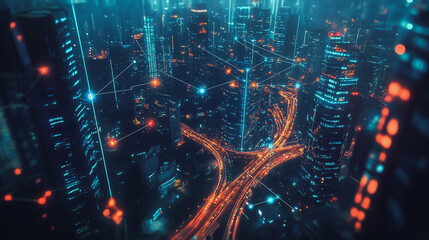 Smart digital Innovation city with connection network reciprocity over the twilight cityscape. of future smart wireless digital city and social media networking systems that connects people with city
