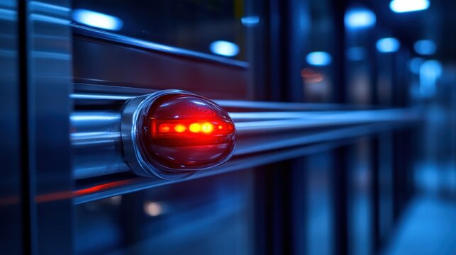 Red sensor light on subway door handle, platform