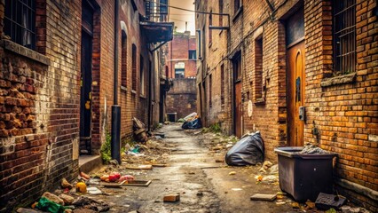 Dusty alleyway with crumbling brick walls and trash scattered on the ground, urban decay, grime, brick, street, neglect