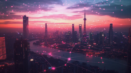 Fototapeta premium Smart digital Innovation city with connection network reciprocity over the twilight cityscape. of future smart wireless digital city and social media networking systems that connects people with city 