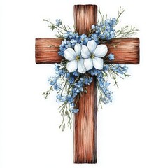 Obraz premium Beautiful Floral Wooden Cross with Blue Flowers and Greenery