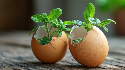 Two decorated eggs with plants sprouting from them are placed on a table, symbolizing renewal and the spirit of Easter.
