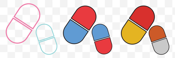 Set of vector realistic pills and capsules isolated on white background. Medicines, tablets, capsules, drug of painkillers, antibiotics, vitamins. Healthcare medical and vector illustration.