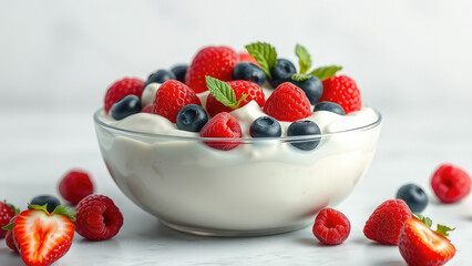 Delicious Greek yogurt served with a medley of ripe berries, eating healthy, ripe