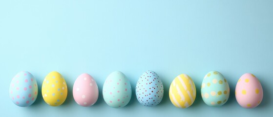 Fototapeta premium A vibrant display of painted Easter eggs arranged neatly on a blue surface, celebrating the festive spirit of Easter.