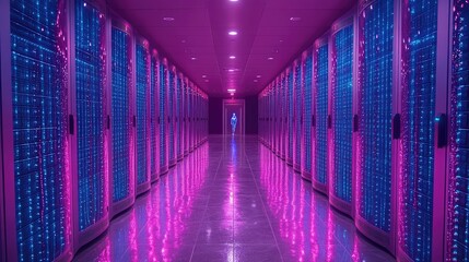 Fototapeta premium A hallway lined with tall server racks,