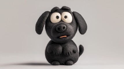 Cute black cartoon dog figurine with expressive eyes on a light neutral background, playful 3D rendering design
