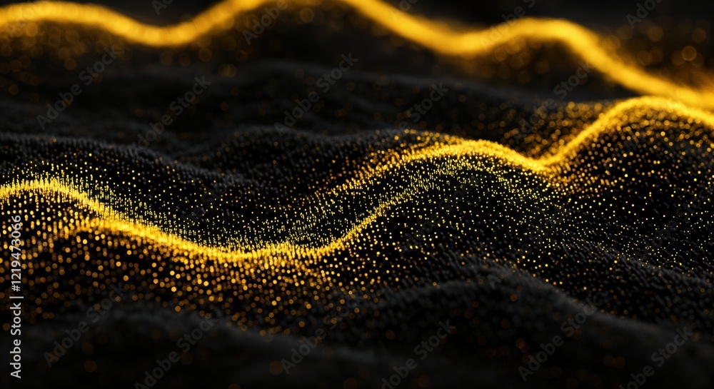 Poster glowing abstract yellow particle waves on dark background