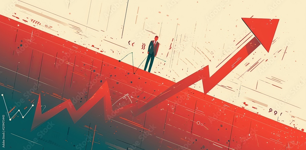 Aufkleber red arrow pointing upward on a graph line, isolated on a white background