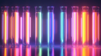 Row of glowing neon tubes in a futuristic laboratory setting.