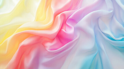 Obraz premium Soft, flowing fabric with gradient of pastel colors including yellow, pink, and blue, creating serene and calming visual effect. Ideal for backgrounds or textile designs