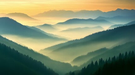 Obraz premium Foggy mountain ranges with a shadowy forest. Picture has a vintage filter and looks like old photo. Carpathian Mountains in Ukraine. You can use it as desktop wallpaper to enjoy the beauty of nature.