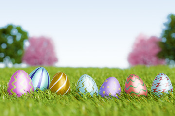 Colorful Easter eggs arranged on green grass under a clear sky, celebrating the Easter holiday. 3d rendering